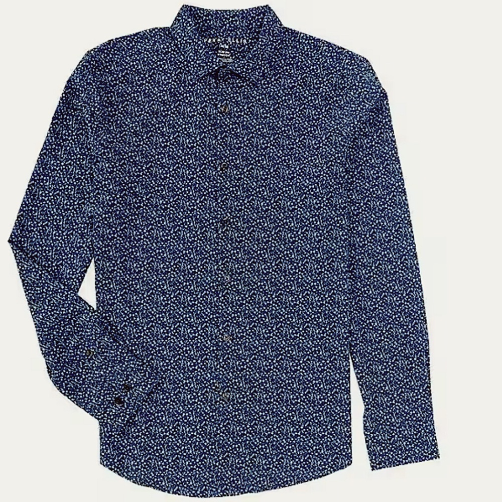 Perry Ellis Blue Ditsy Print Long Sleeve Button Down Shirt - XL